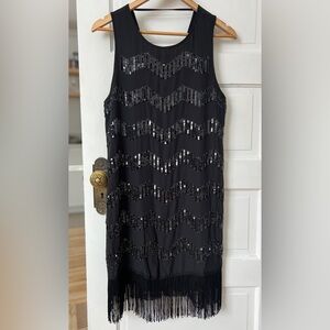Black Sequin & Fringe Flapper-Style Midi Dress